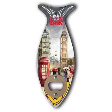 London Themed Fish Shaped Printed MDF Wooden Bottle Opener 190x70 mm - Standart - 2