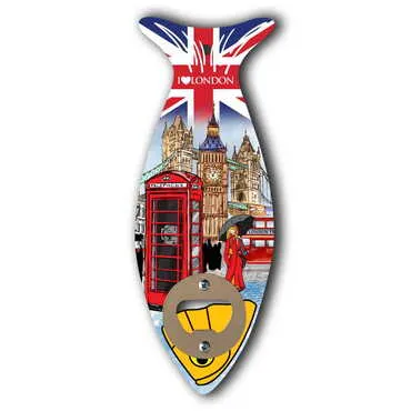 London Themed Fish Shaped Printed MDF Wooden Bottle Opener 190x70 mm - Standart - 3