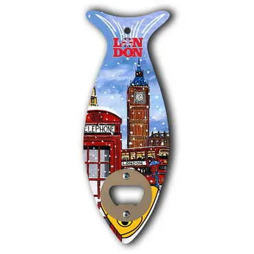 City Themed Fish Shaped Printed MDF Wooden Bottle Opener 190x70 mm - Standart - 2