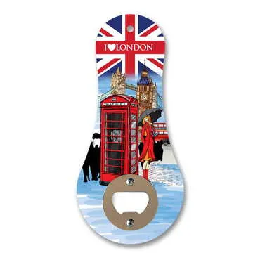 London Themed Classic Shaped Printed MDF Wooden Bottle Opener 170x79 mm - Standart