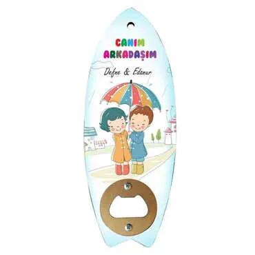 Toptan Arkadaşa Özel Myros Ahşap Sörf Tahtası Açacak Magnet 185x72 mm