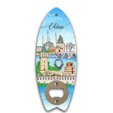 Edirne Themed Surf Board Shaped Printed MDF Wooden Bottle Opener 185x72 mm