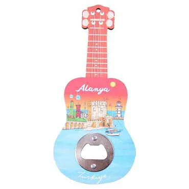 Alanya Themed Guitar Shaped Printed MDF Wooden Bottle Opener 200x89 mm