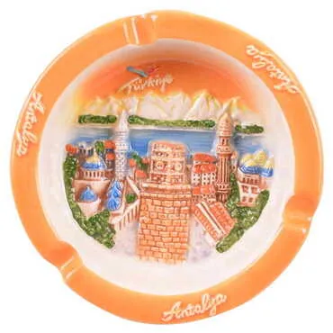 Antalya Themed Ceramic Round Orange Anchor Ashtray