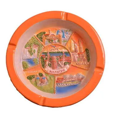 Antalya Themed Ceramic Round Orange Anchor Ashtray