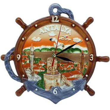Antalya Themed Ceramic Brown Anchor Clock - Standart