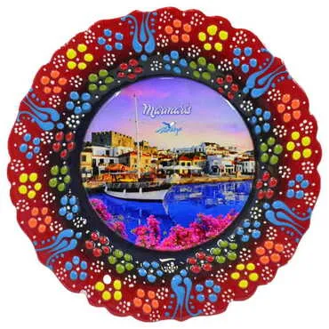 Marmaris Themed Turkish Ceramic Plate With Epoxy 25 Cm