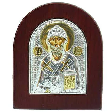 Toptan Gümüş Üzeri Altın Dekorlu Serigrafili Aziz Spiridon İkonası (85 X 110 mm)