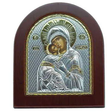 Toptan Gümüş Üzeri Altın Dekorlu Serigrafili Meryem Ana Vladimir İkonası (110 X 130 mm)