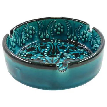 Cunda Themed Turkish Ceramic Turquoise Ashtray Big Size - Standart - 2