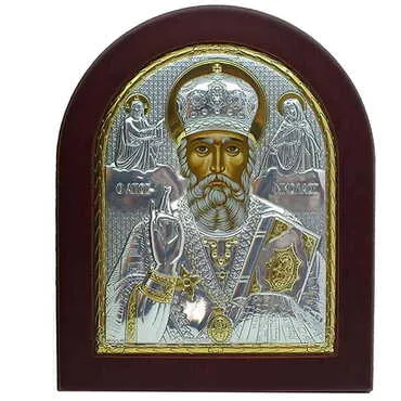 Toptan Gümüş Üzeri Altın Dekorlu Serigrafili Aziz Nikolaos İkonası (156 X 190 mm)