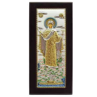 Silver Virgin Mary Of Mountain Athos Serigraphy Gold Wooden Foot Icon 50X90 mm - Standart