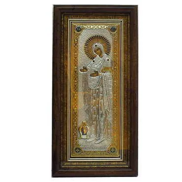 Silver Virgin Mary Of Mount Athos Serigraphy Gold Wooden Foot Many Stones Icon 200X250 mm