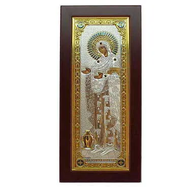 Silver Virgin Mary Of Mountain Athos Serigraphy Gold Wooden Foot Many Stones Icon 190X390 mm