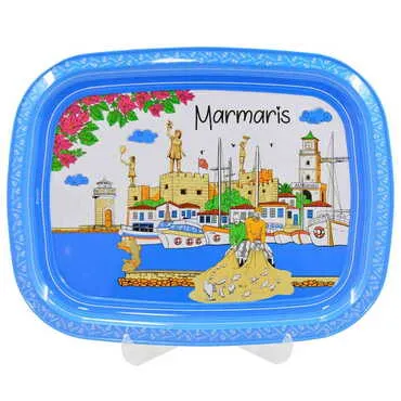 Toptan Marmaris Temalı Myros Metal Resimli Tepsi 305x235 mm - Standart