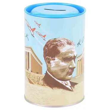 Ataturk Themed Customised Kids Tin Round Coin Box 83x83x125 mm