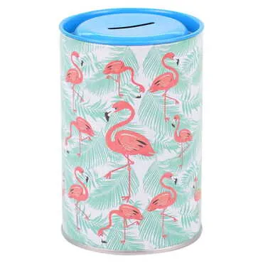 Flamingo Themed Customised Kids Tin Round Coin Box 83x83x125 mm