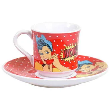 Toptan Pop-art Temalı Baskili Porselen 2 Li̇  Kahve Takimi