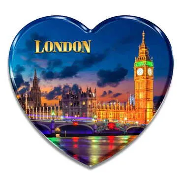 London Themed Epoxy Dome Heart Souvenir Fridge Magnet 65x60 mm