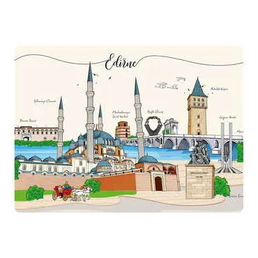 Edirne Themed Wooden Uv Printed Souvenir Fridge Magnet 93x68 mm
