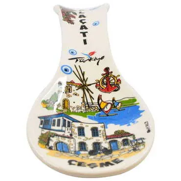 Alacati Region Themed Ceramic Serigraphy Printed Spoon Rests