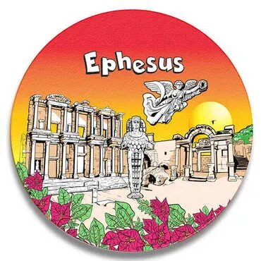 Ephesus Themed Wooden Custom Printed Souvenir Coaster 100 mm - Standart
