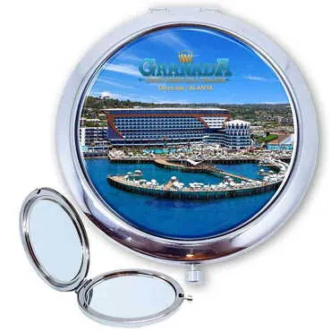 Hotel Themed Customised Metal Epoxy Travel Make Up Compact Mirror 70x11 mm