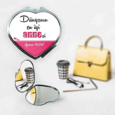 Mom Themed Customised Metal Epoxy Travel Make Up Compact Heart Shaped Mirror 70x65x8 mm