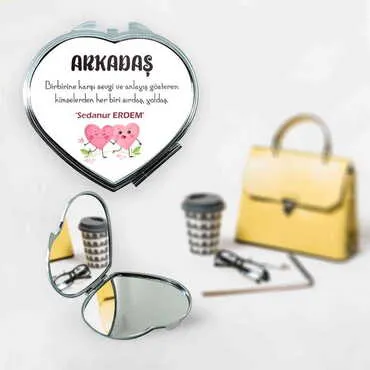 Toptan Arkadaşa Özel Myros Metal Kalp Ayna 70x65x8 mm