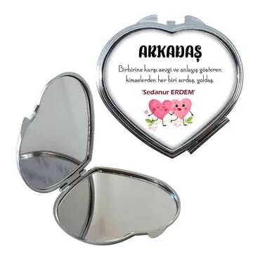Friend Themed Customised Metal Epoxy Travel Make Up Compact Heart Shaped Mirror 70x65x8 mm - Standart - 2