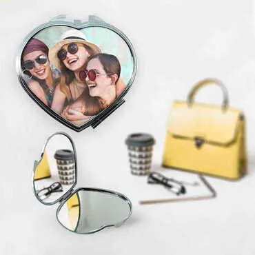 Toptan Arkadaşa Özel Fotoğraflı Myros Metal Kalp Ayna 70x65x8 mm