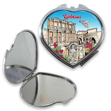 Museum Themed Customised Metal Epoxy Travel Make Up Compact Heart Shaped Mirror 70x65x8 mm