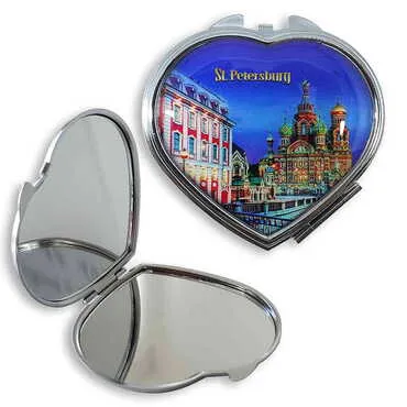 Customazible Customised Metal Epoxy Travel Make Up Compact Heart Shaped Mirror 70x65x8 mm
