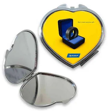 Promotional Customised Metal Epoxy Travel Make Up Compact Heart Shaped Mirror 70x65x8 mm