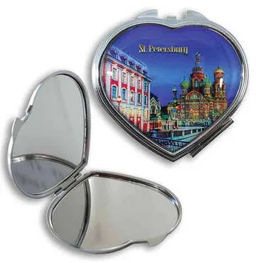 City Themed Customised Metal Epoxy Travel Make Up Compact Heart Shaped Mirror 70x65x8 mm