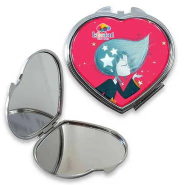 Theme Park Themed Customised Metal Epoxy Travel Make Up Compact Heart Shaped Mirror 70x65x8 mm