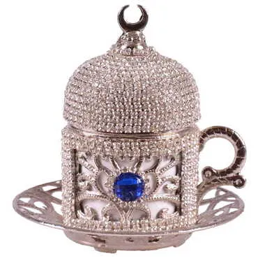 Toptan Kadi̇fe Kutulu 6 Li Taşli Kahve Set Gümüş  - Standart - 3