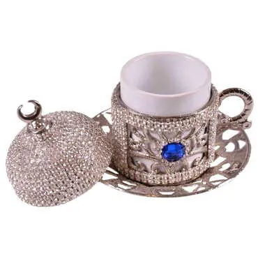 Toptan Kadi̇fe Kutulu 6 Li Taşli Kahve Set Gümüş  - Standart - 4
