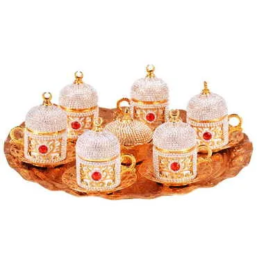 Metal Turkish Swaroski Gold Coffee Cup Set Of 6 With Velvet Gift Box