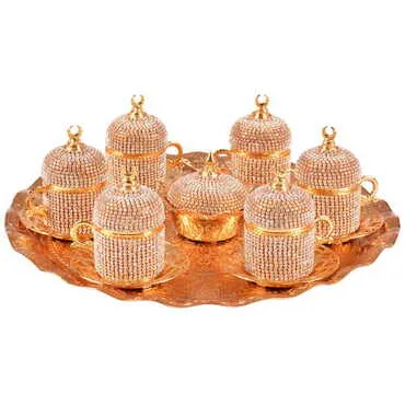 Toptan Kadi̇fe Kutulu 6 Li Taşli Kahve Set Altin  - Standart - 2