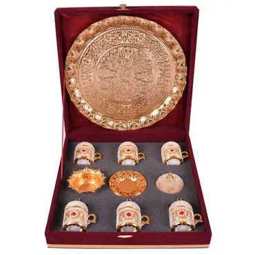 Toptan Kadi̇fe Kutulu 6 Li Taşli Kahve Set Altin  - Standart - 5