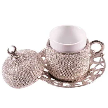 Toptan Kadi̇fe Kutulu 2 Li̇ Taşli Kahve Set Gümüş  - Standart - 8