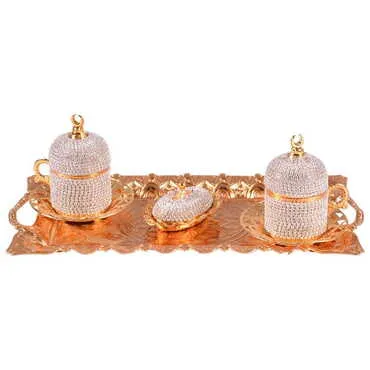 Toptan Kadi̇fe Kutulu 2 Li̇ Taşli Kahve Set Altin  - Standart - 4
