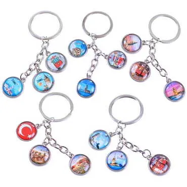 Istanbul Themed Metal Keychain With 3 Charms - Round 40x90 mm - 2