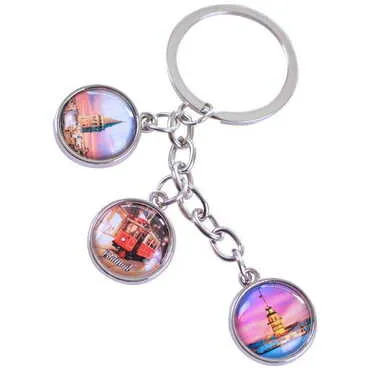 Istanbul Themed Metal Keychain With 3 Charms - Round 40x90 mm - 3
