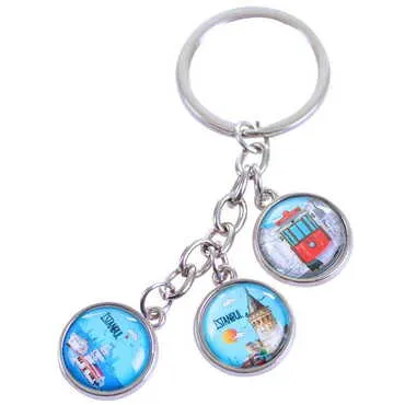 Istanbul Themed Metal Keychain With 3 Charms - Round 40x90 mm - 4
