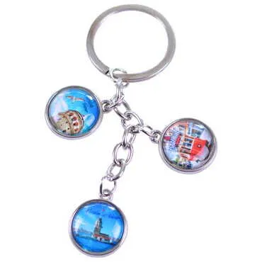 Istanbul Themed Metal Keychain With 3 Charms - Round 40x90 mm - 5