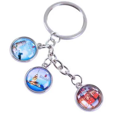 Istanbul Themed Metal Keychain With 3 Charms - Round 40x90 mm - 6