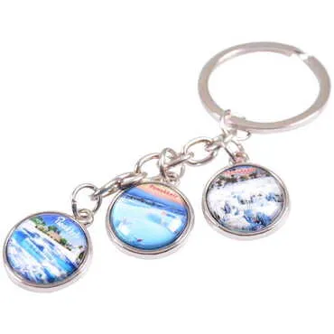 Pamukkale Themed Metal Keychain With 3 Charms - Round 40x90 mm - 3