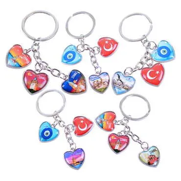 Istanbul Themed Metal Keychain With 3 Charms - Heart 40x85 mm - 2